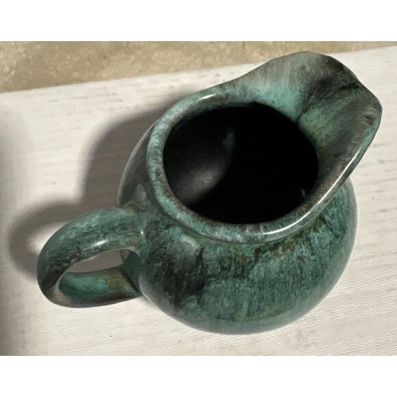 Vintage Handmade Green Ceramic Pitcher Creamer With Handle & Spout 2.75" - Picture 3 of 5